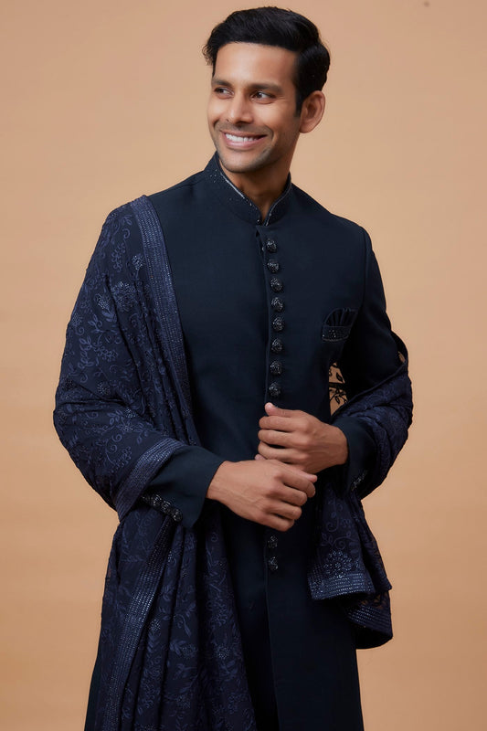 Blue Suiting Fabric Embroidered Indowestern Set