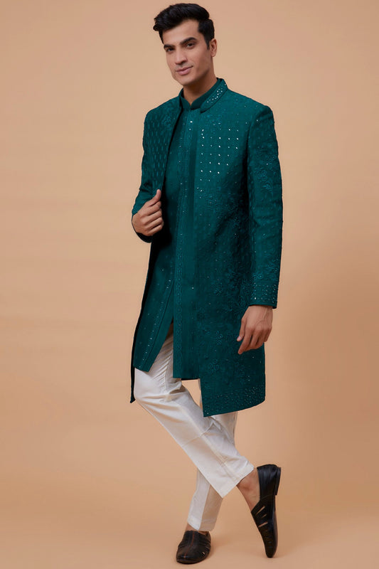 Teal Silk Embroidered Indowestern Set