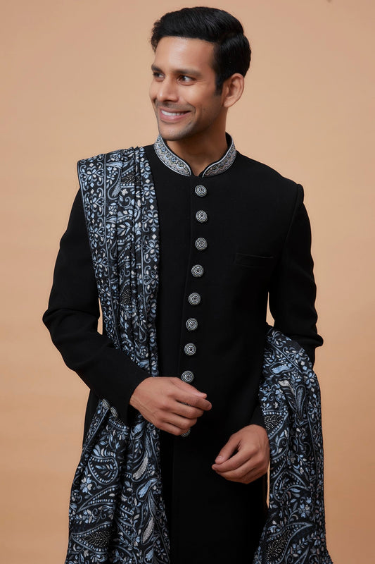 Black Suiting Fabric Embroidered Indowestern Set