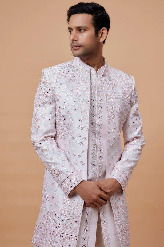 Pink Silk Embroidered Indowestern Set