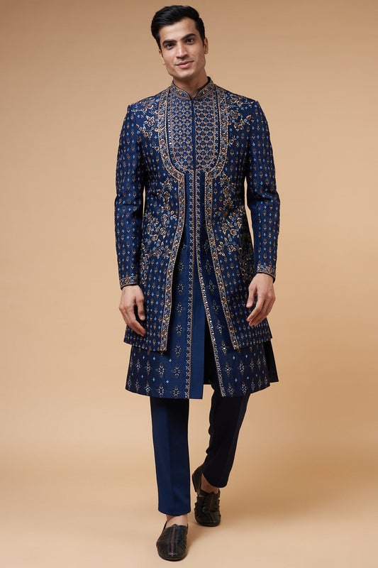 Blue Silk Embroidery Indo-Western Set