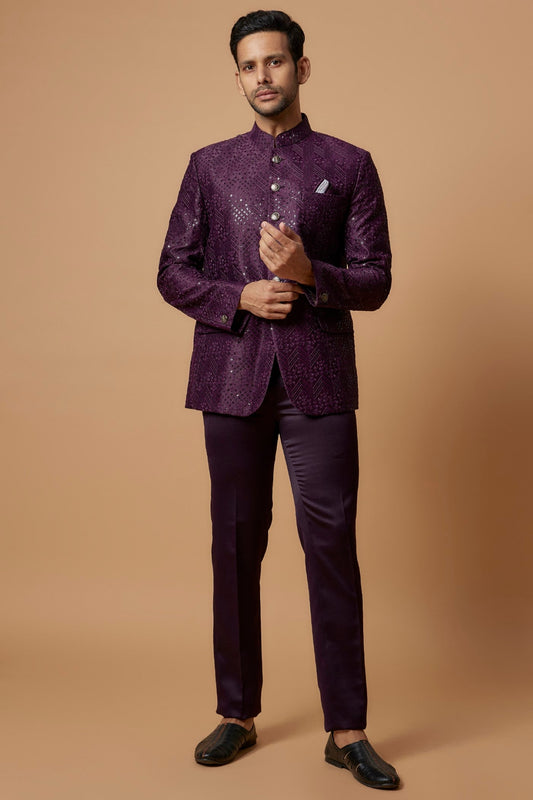 Purple Silk Embroidered Jodhpuri Set