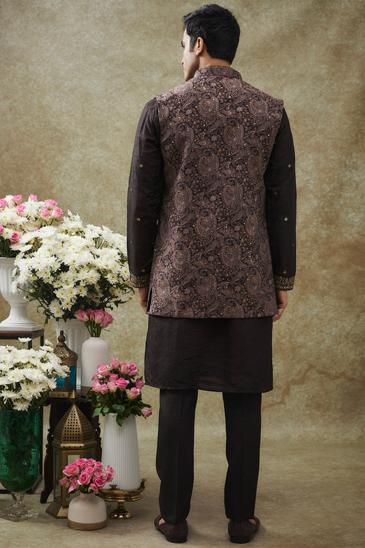 Coal Black Splendid Silk Kurta Jacket Set