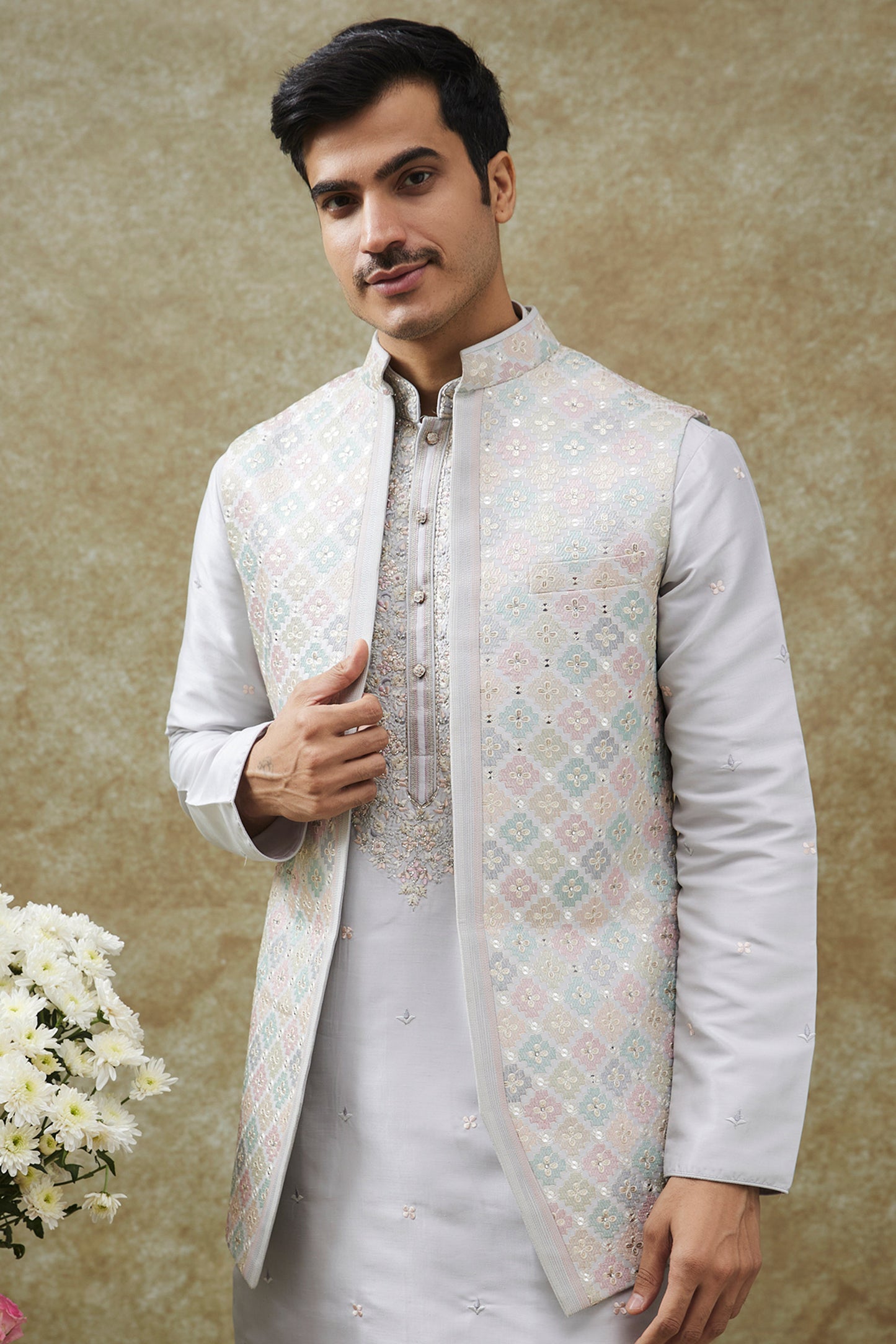 White Splendid Silk Jacket Kurta Set