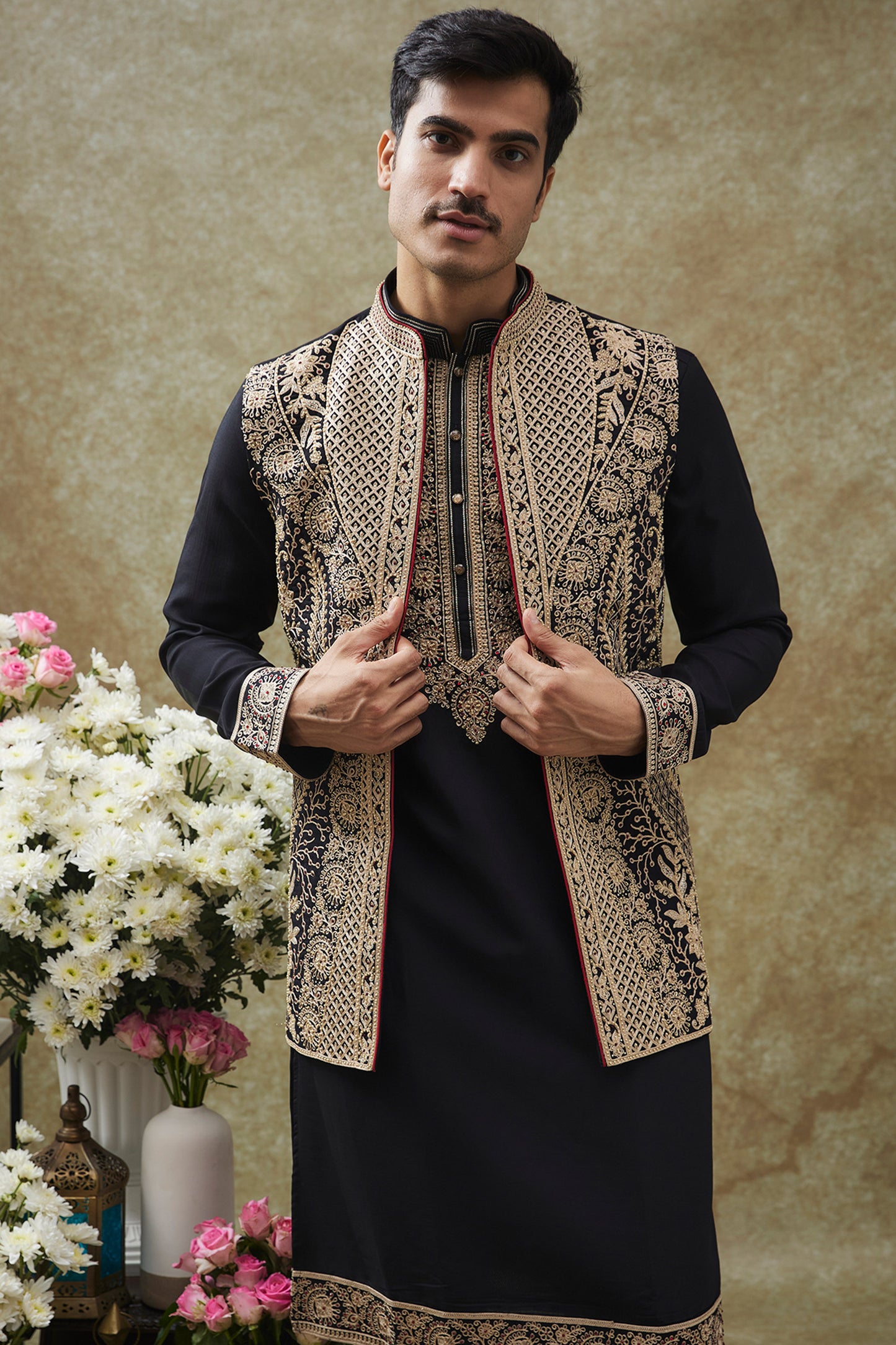 Black Splendid Silk Jacket Kurta Set