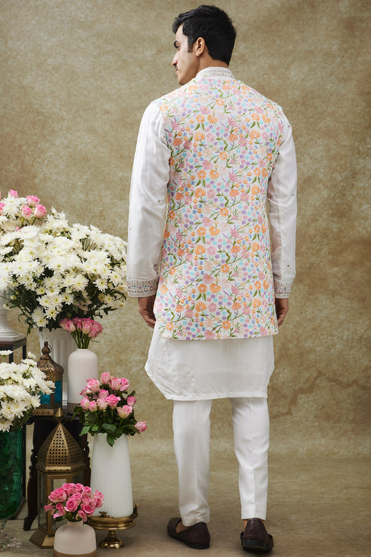 White Splendid Silk Open Koti Set