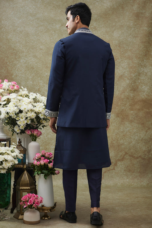 Blue Splendid Silk Jacket Kurta Set