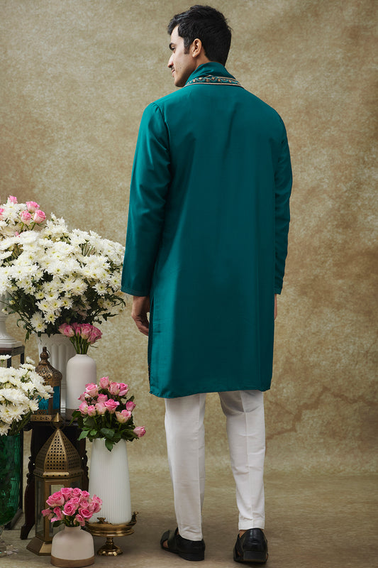 Cobalt Blue Splendid Silk Resham Kurta Pajama Set