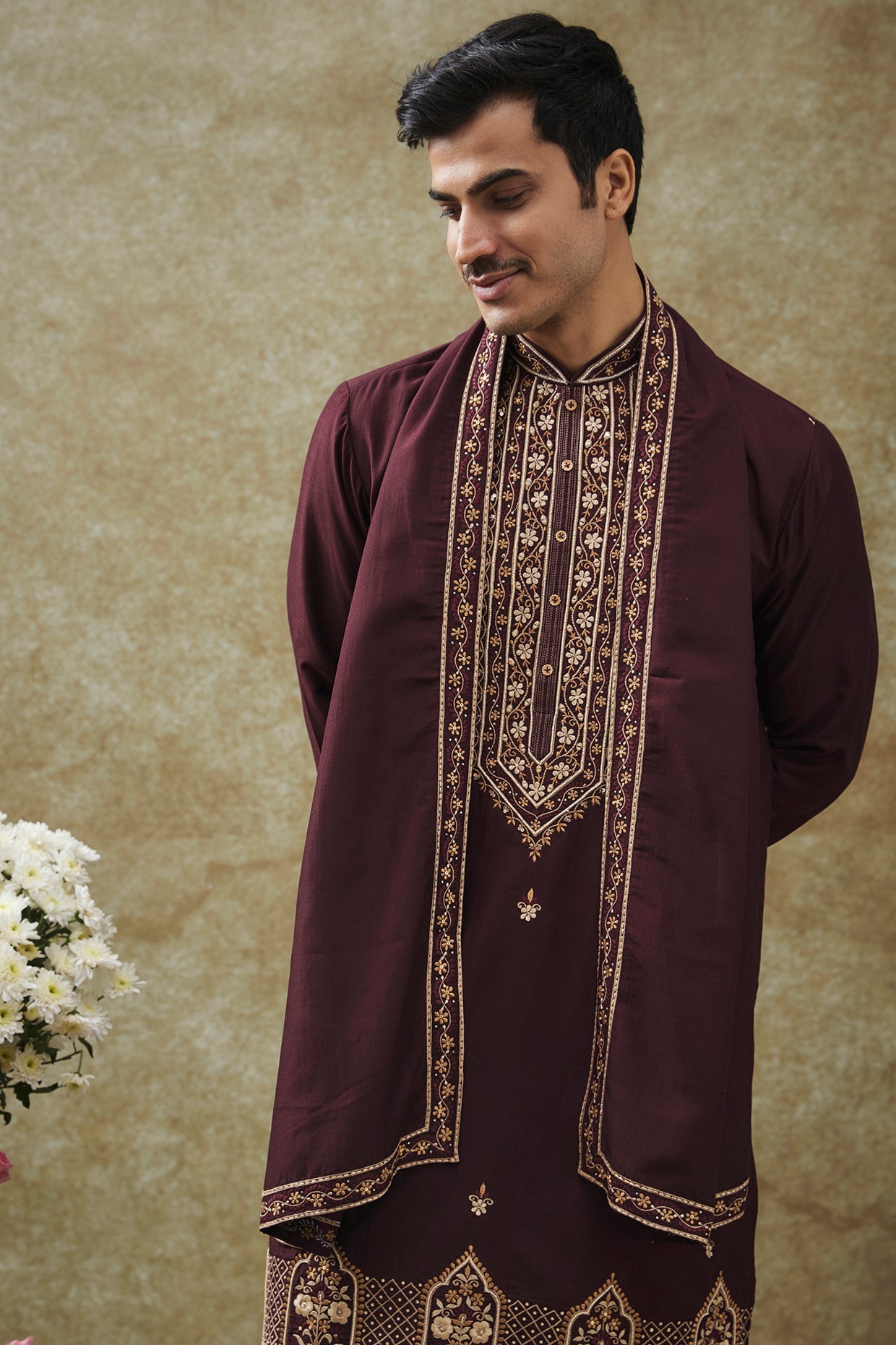 Gernet Red Splendid Silk resham Kurta Pajama Set