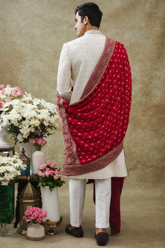 White Lucknowi Sherwani Set