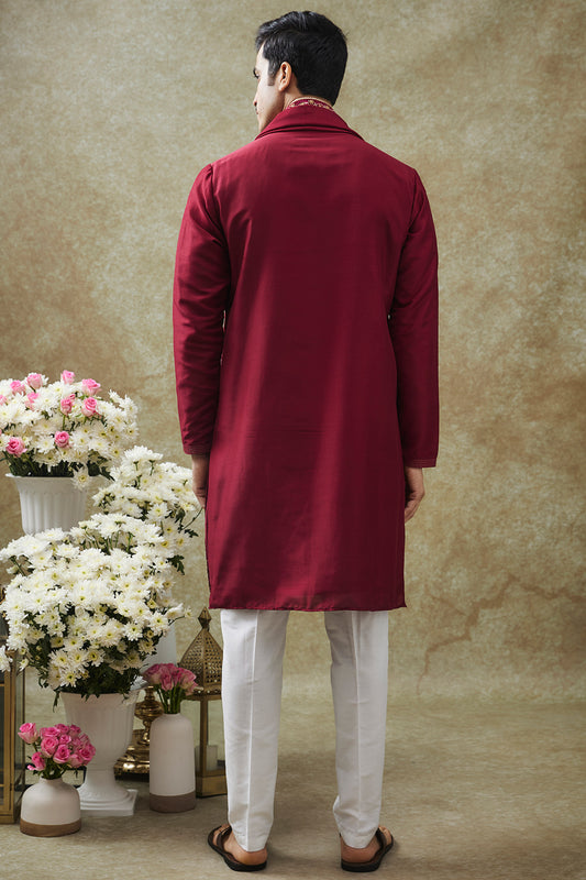 Cherry Red Splendid Silk Resham Kurta Pajama Set