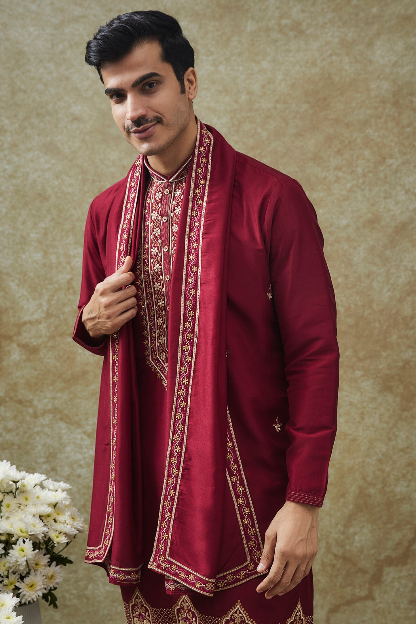 Cherry Red Splendid Silk Resham Kurta Pajama Set