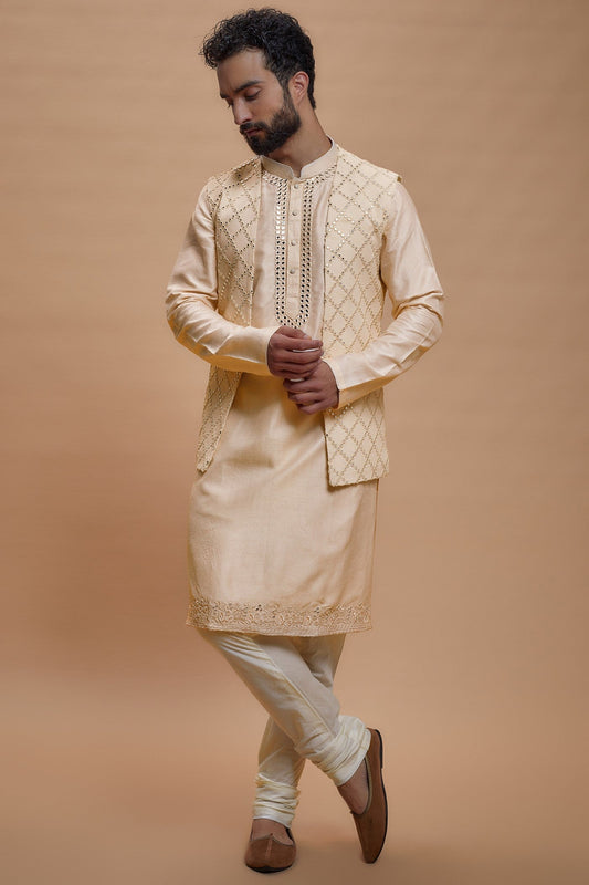 Peach Silk Embroidered Indo-Western Set