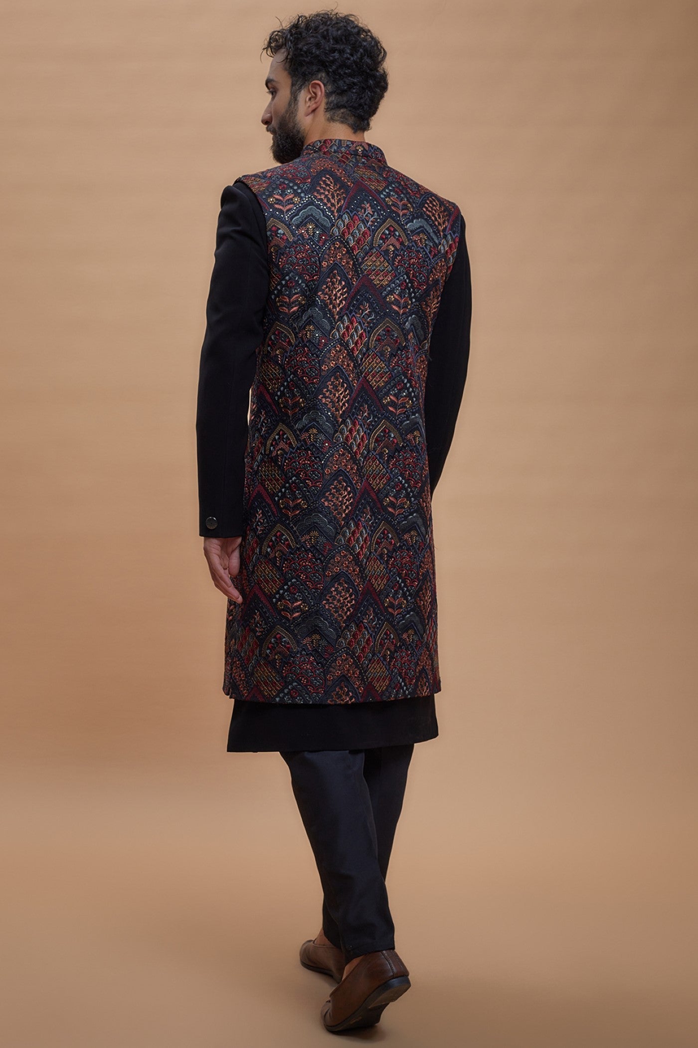 Black Imported Suiting Embroidered Indo-Western Set