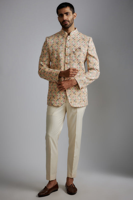 Gold Silk Embroidered Bandhgala Jacket Set