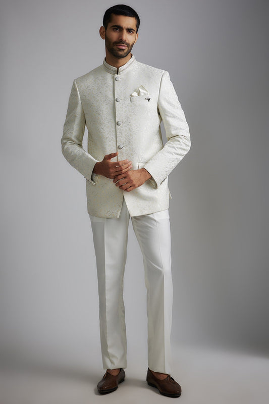White Jacquard Bandhgala Jacket Set