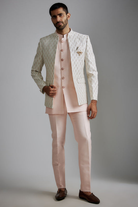 Cream Silk Embroidered Indowestern Jacket Set
