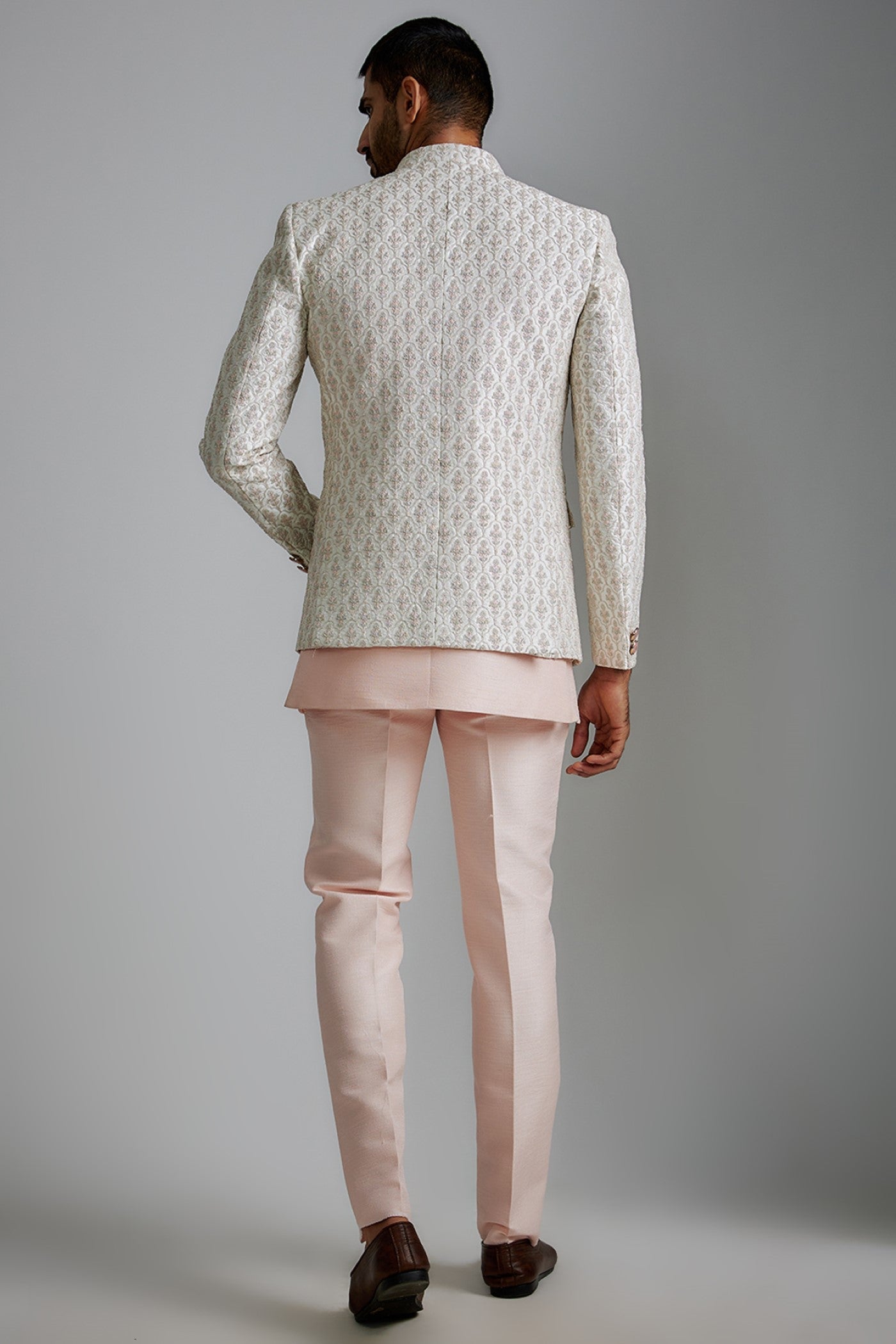 Cream Silk Embroidered Indowestern Jacket Set