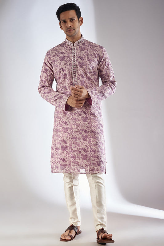 Purple Silk Printed & Embroidered Kurta Set