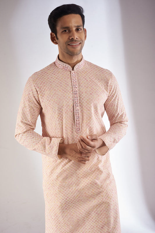 Pink Silk Printed & Embroidered Kurta Set