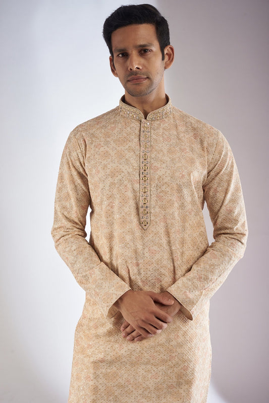 Peach Silk Embroidered Kurta Set