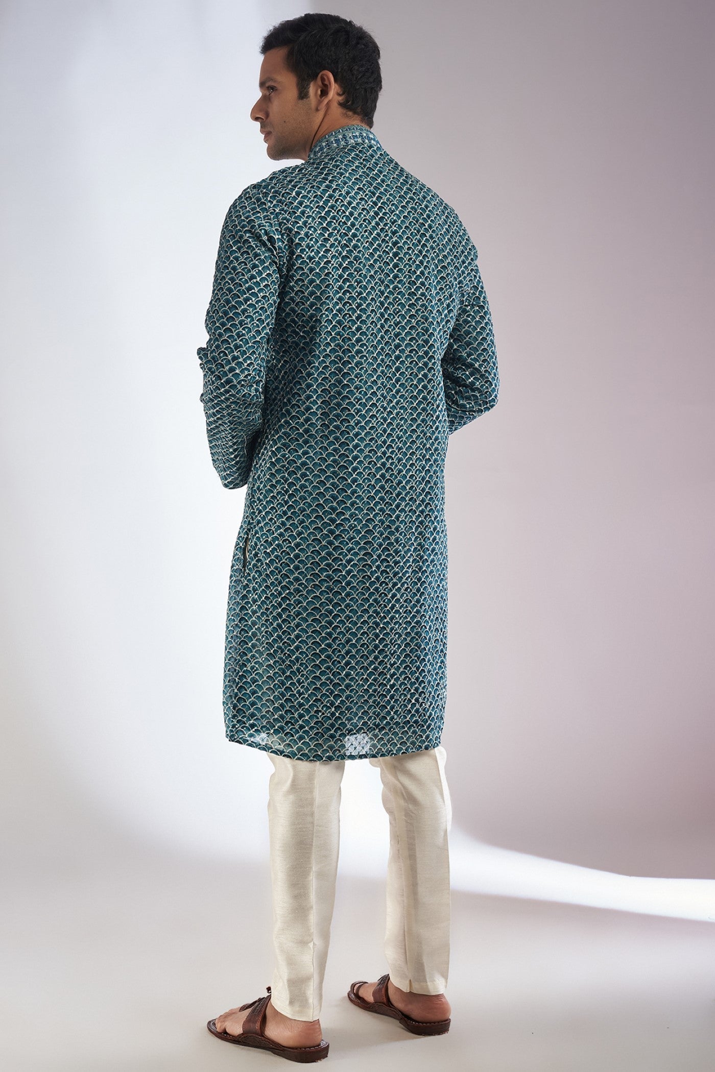 Green Silk Printed & Embroidered Kurta Set
