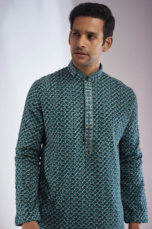 Green Silk Printed & Embroidered Kurta Set
