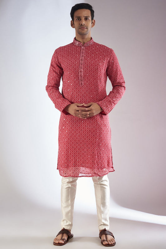Pink Silk Embroidered Kurta Set