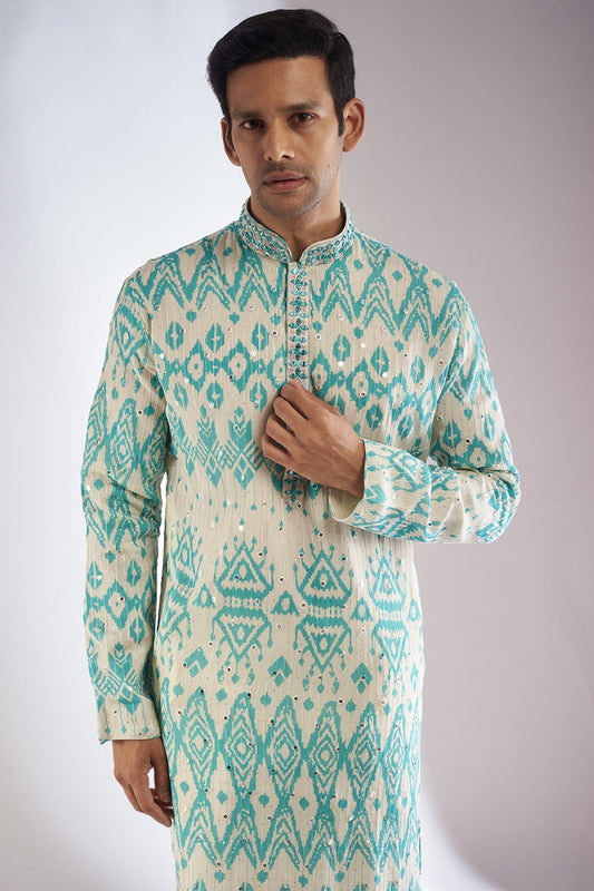 Blue Silk Printed & Embroidered Kurta Set