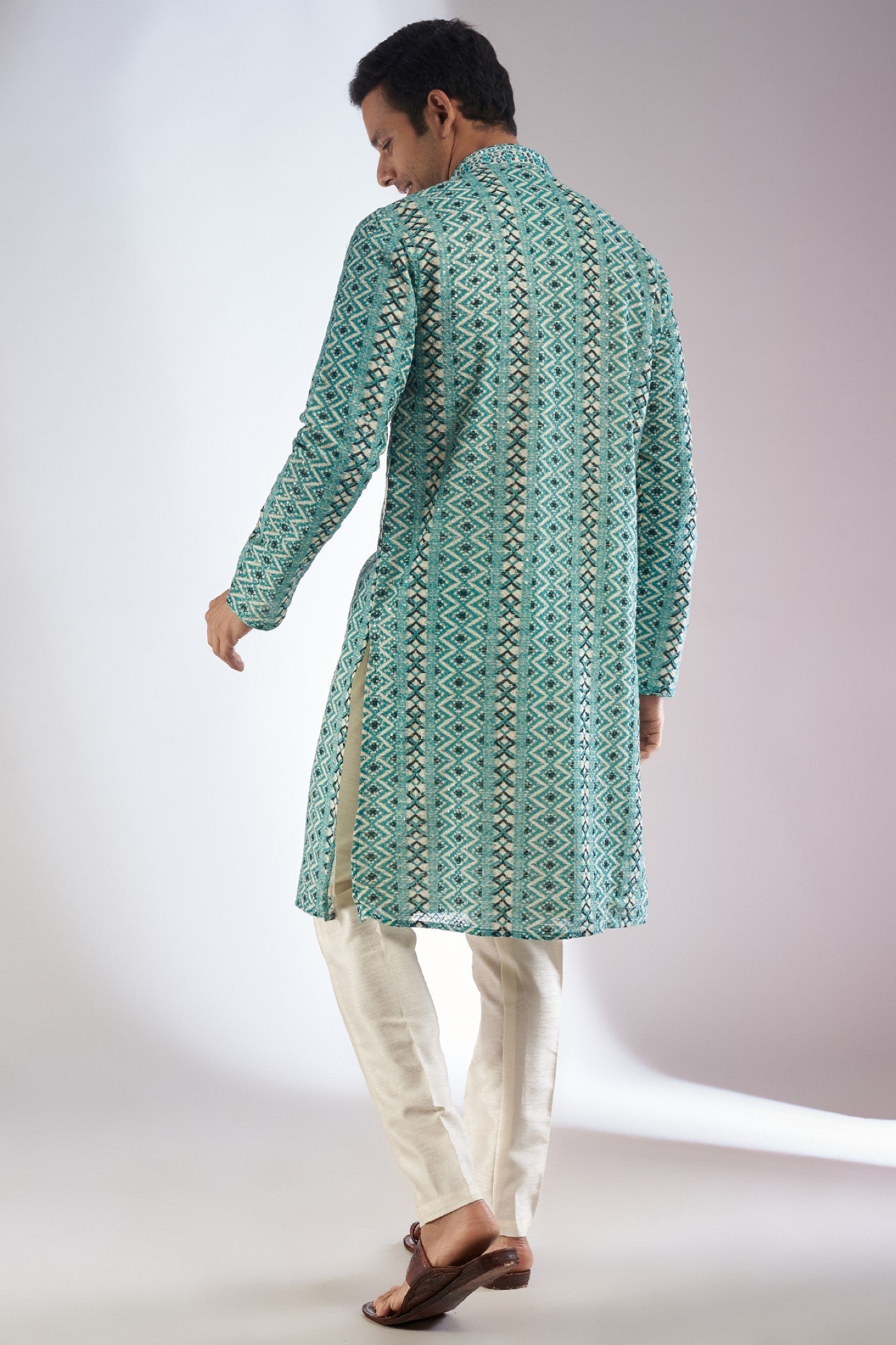 Green Silk Printed & Embroidered Kurta Set