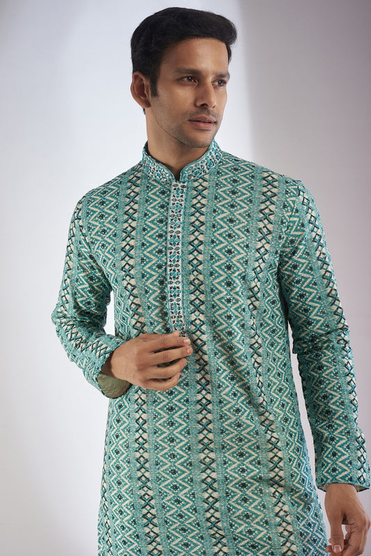 Green Silk Printed & Embroidered Kurta Set