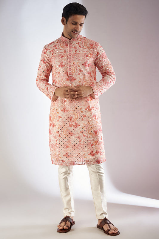 Pink Silk Printed & Embroidered Kurta Set