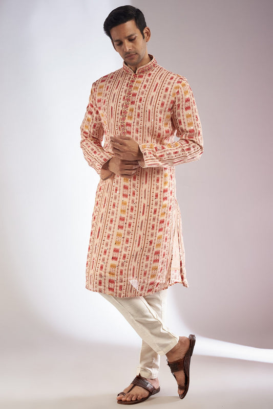 Multi-Colored Silk Printed & Embroidered Kurta Set