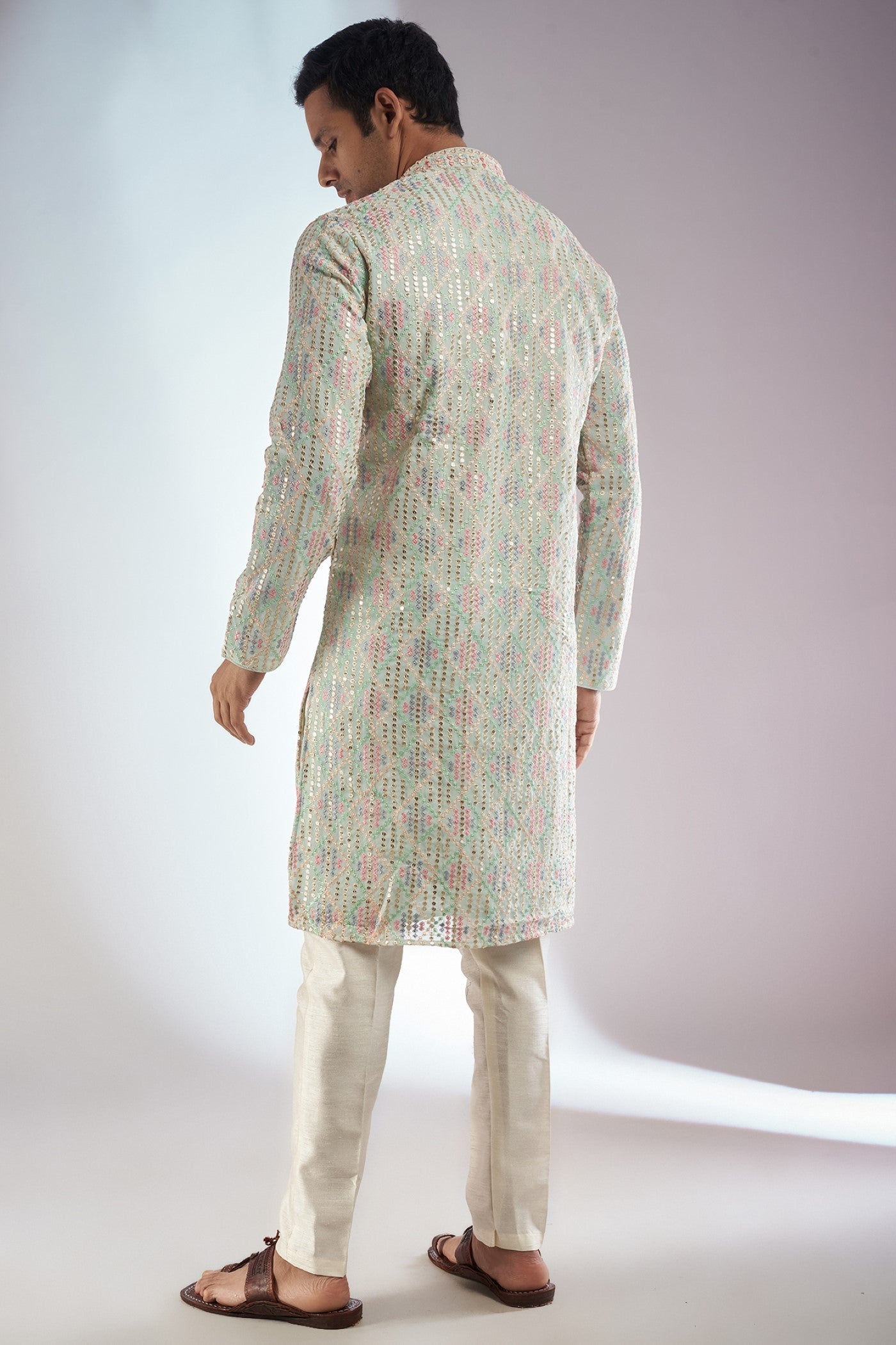 Pista Silk Embroidered Kurta Set