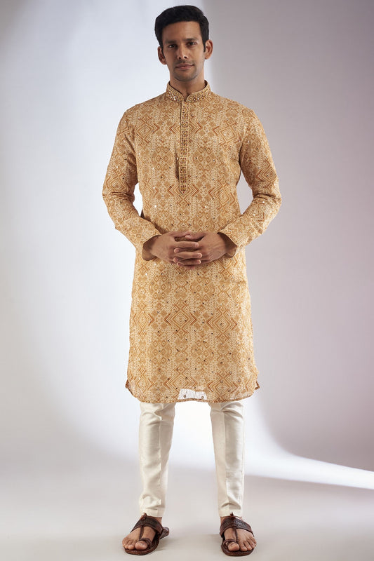 Mustard Silk Printed & Embroidered Kurta Set