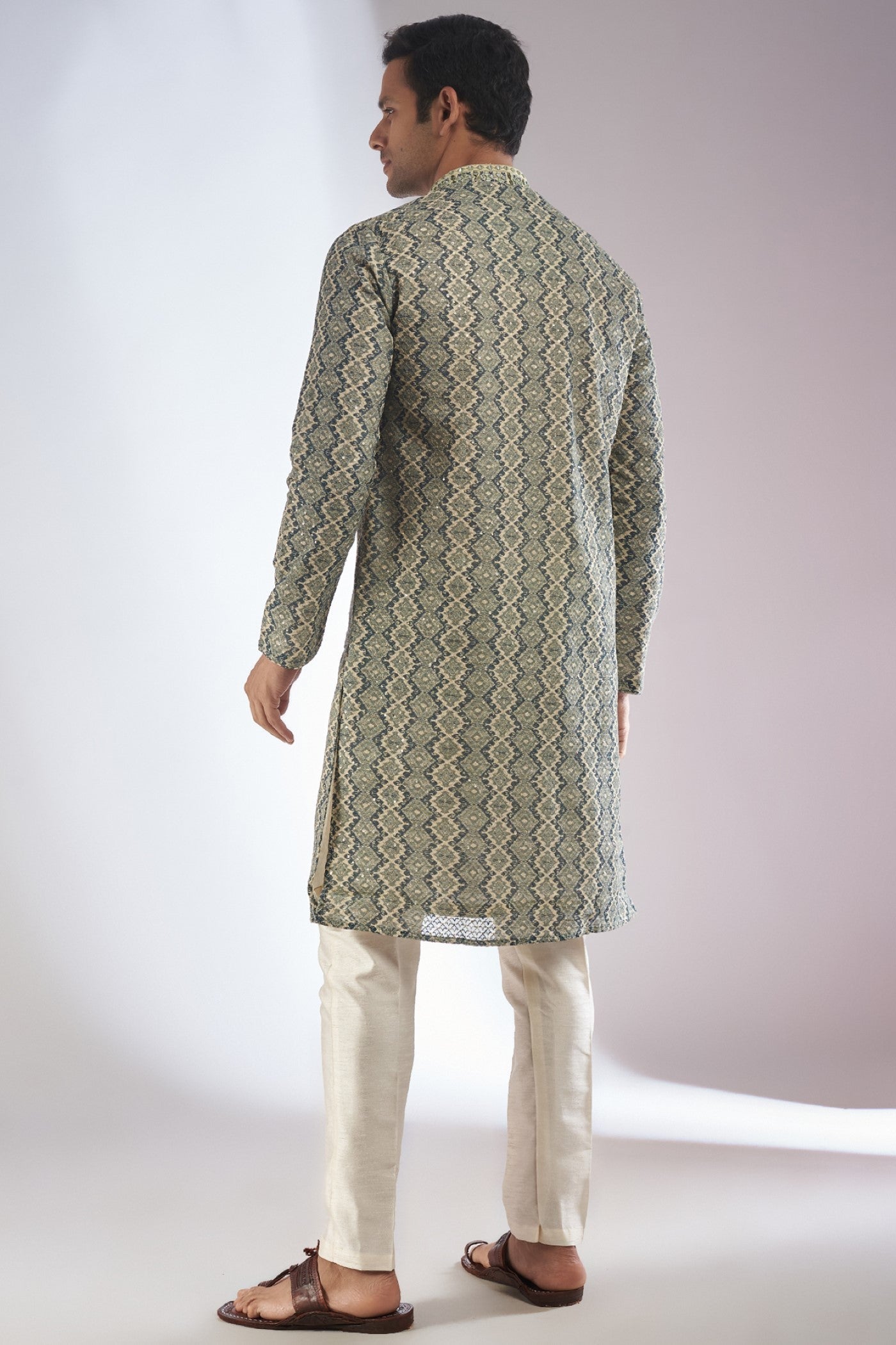 Green Silk Printed & Embroidered Kurta Set