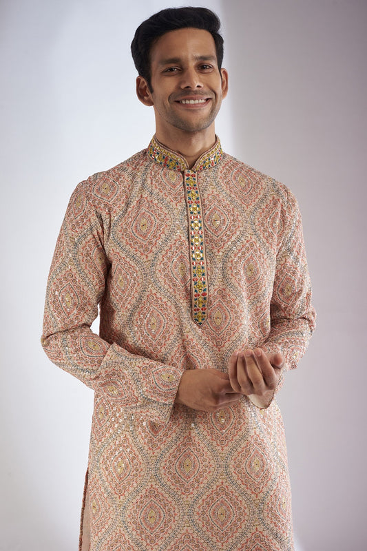 Orange Georgette Printed & Embroidered Kurta Set