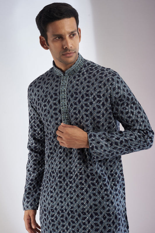 Grey Georgette Printed & Embroidered Kurta Set