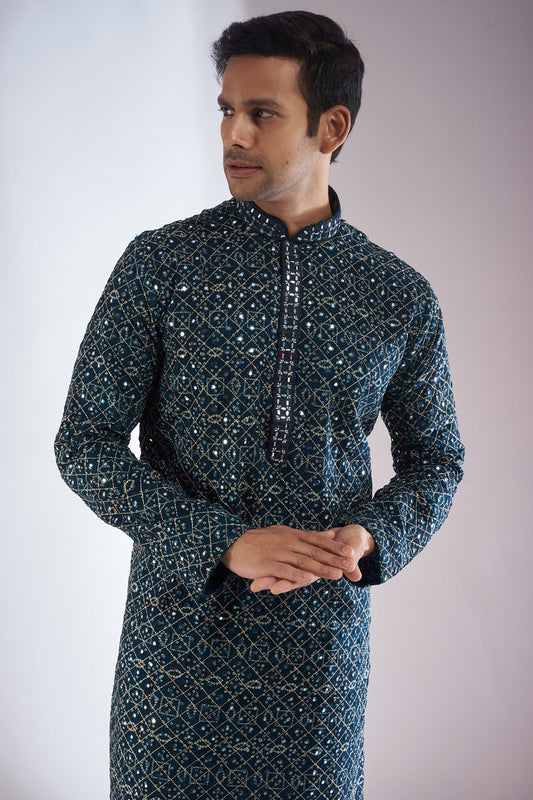 Blue Silk Embroidered Kurta Set