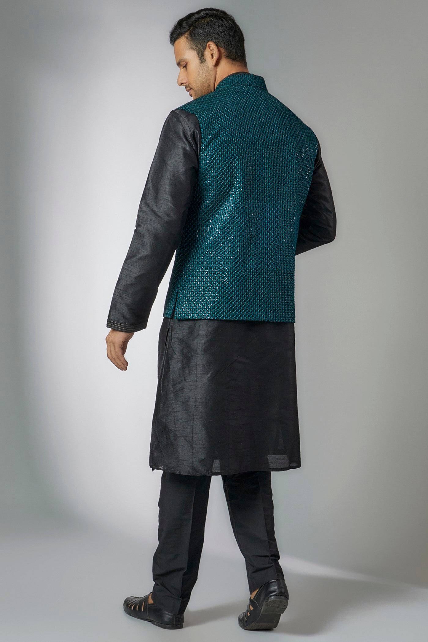 Teal Blue Velvet Embroidered Bundi Set