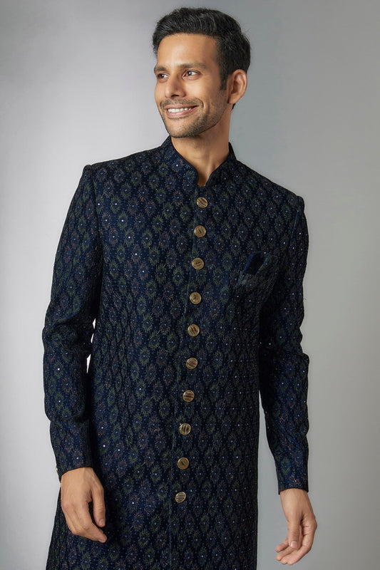 Blue Velvet Embroidered Sherwani Set