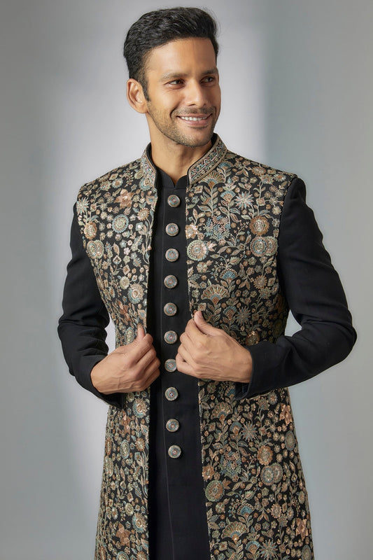 Black Georgette Embroidered Indowestern Set