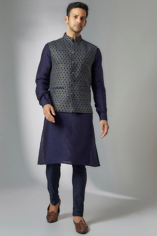 Blue Velvet Embroidered Bundi Jacket Set