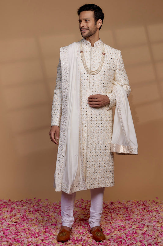Ivory Raw Silk Sequin Embellished Sherwani Set