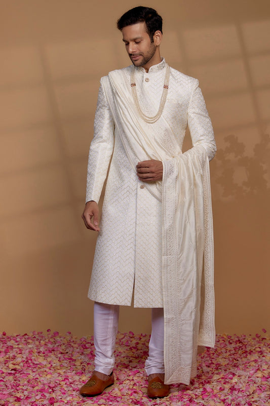 White Raw Silk Sequin Embellished Sherwani Set