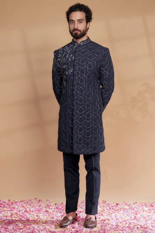 Midnight Blue Imported Suiting Fabric Sequins Embroidered Sherwani Set