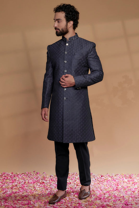 Blue Raw Silk Hand Embroidered Sherwani Set