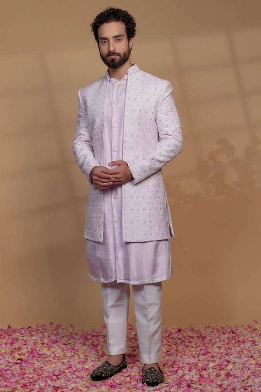 Purple Raw Silk Mirror Embroidered Indowestern Set