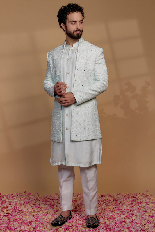 Powder Blue Raw Silk Mirror Embroidered Indowestern Set