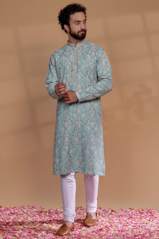 Sky Blue Banarasi Silk Floral Embroidered Kurta Set